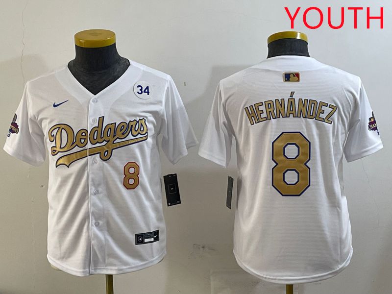 Youth Los Angeles Dodgers 8 Hernandez White Champion gold character 2025 Nike MLB Jersey style 4